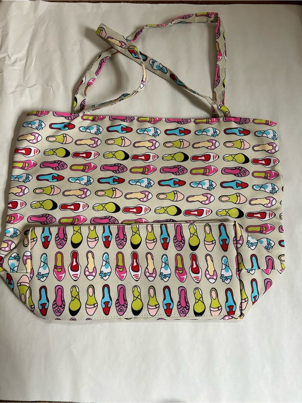 Canvas Tote Bag with Colorful Shoe Print - Beige